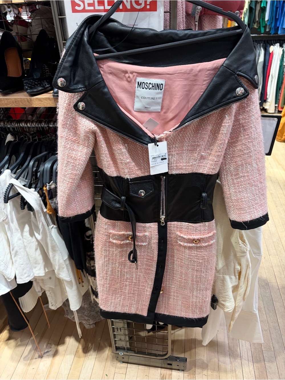 Moschino Pink Tweed Coat with Black Leather Trim